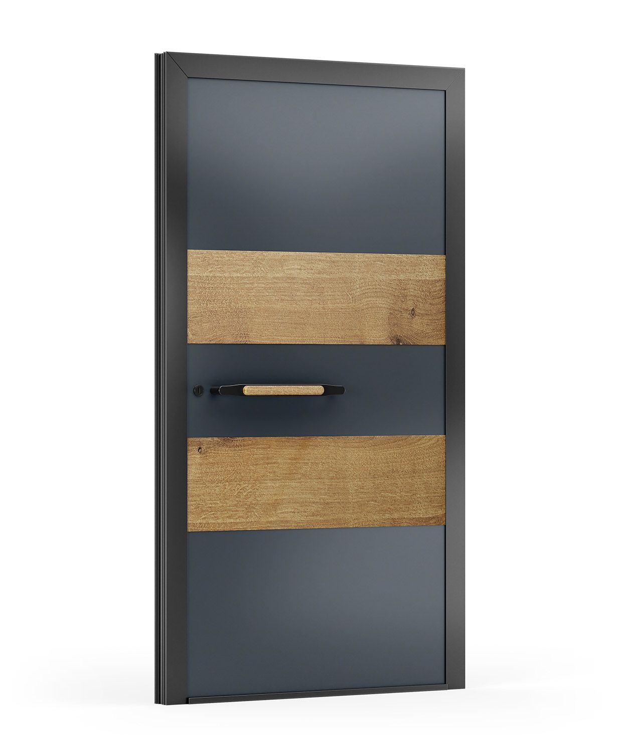 Moderne dunkelgraue Tür mit zwei horizontalen Holzpaneelen und einem hellen Griff.