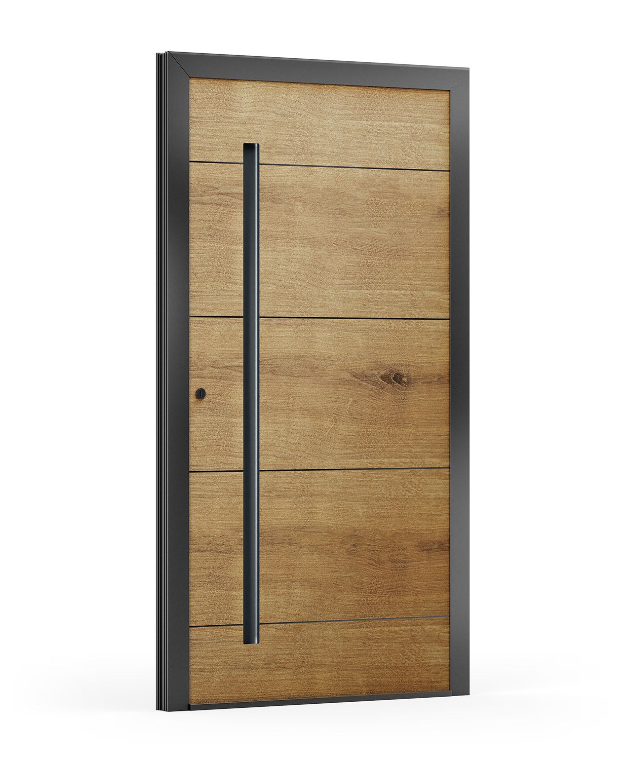 Moderne Holztür mit dunklem Rahmen und langem schwarzen Griff.