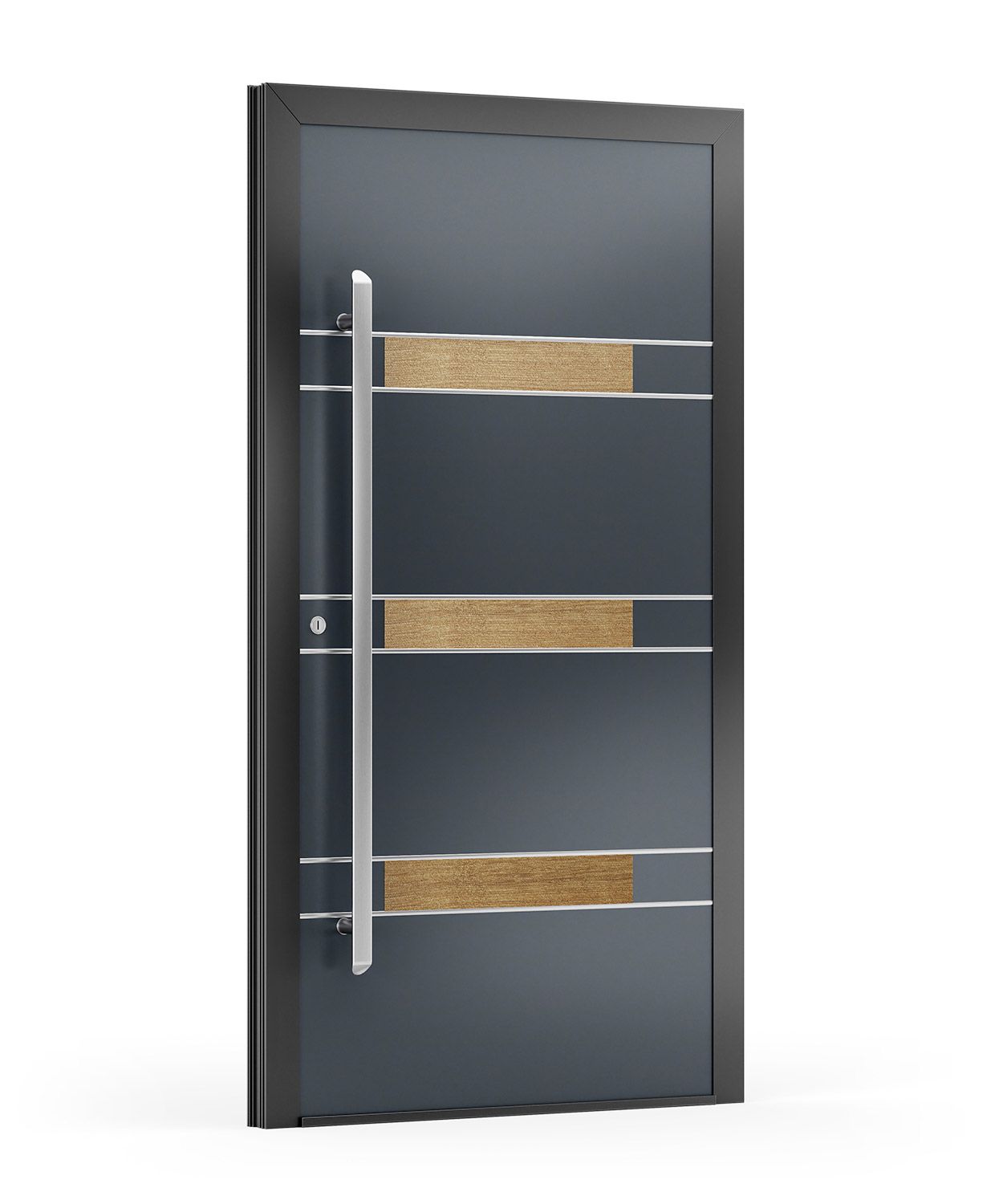 Dunkelgraue moderne Haustür mit silbernem Griff und horizontalen Holzeinlagen.