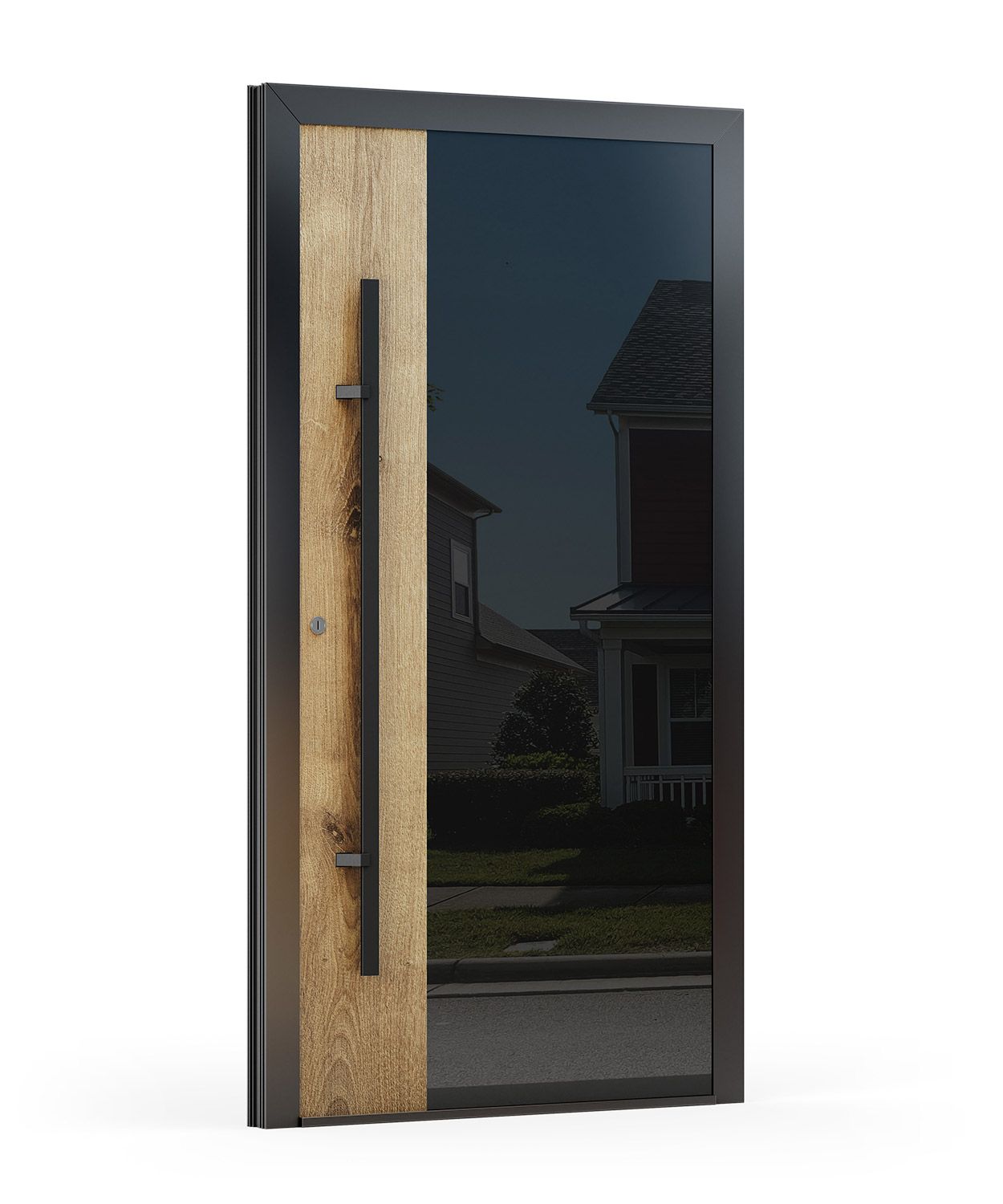 Schwarze Vordertür mit Glasplatte, Holzseitenteil und Metallgriff.