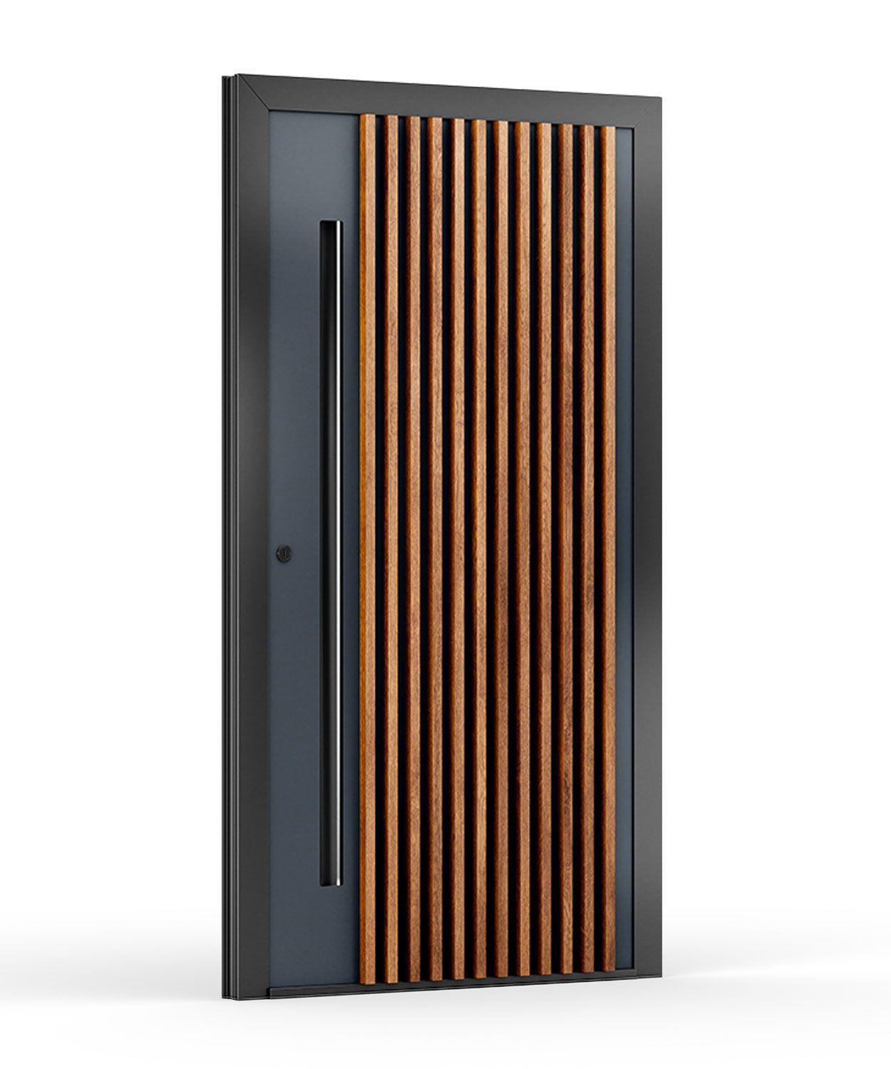 Moderne Eingangstür mit vertikalen Holzlamellen, dunkelgrauem Metallrahmen und Griff.