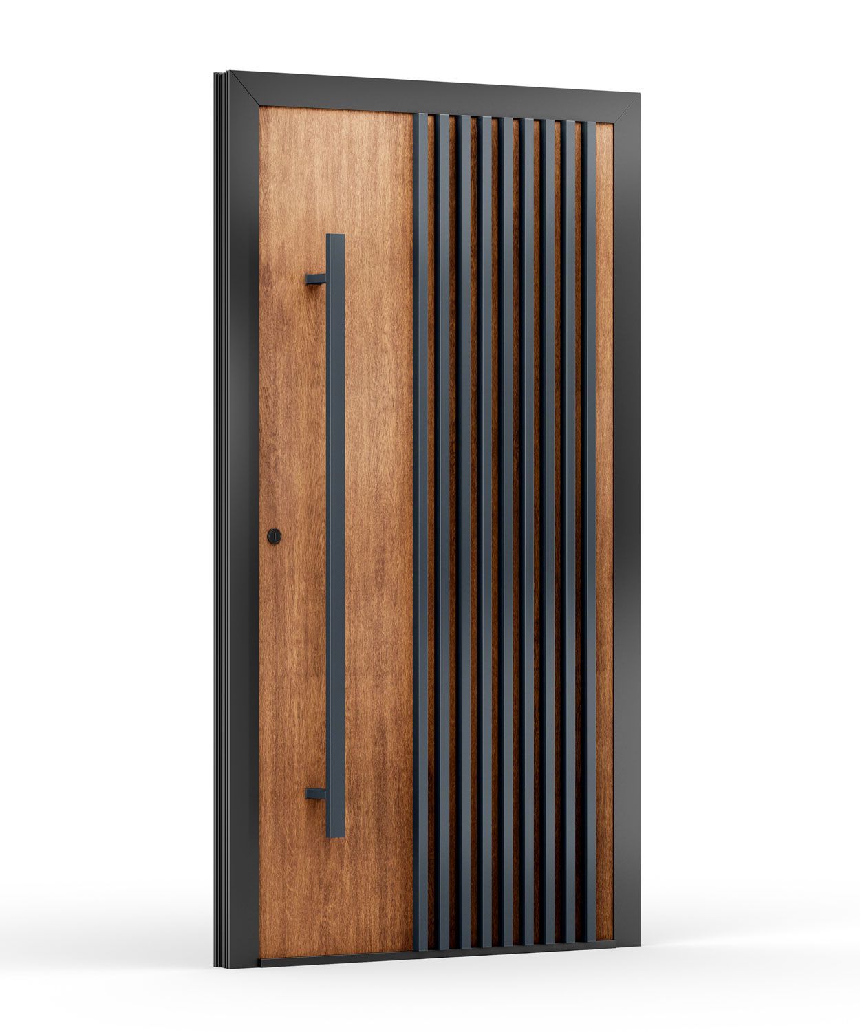 Holztür mit vertikalen schwarzen Lamellen und einem langen schwarzen Griff.