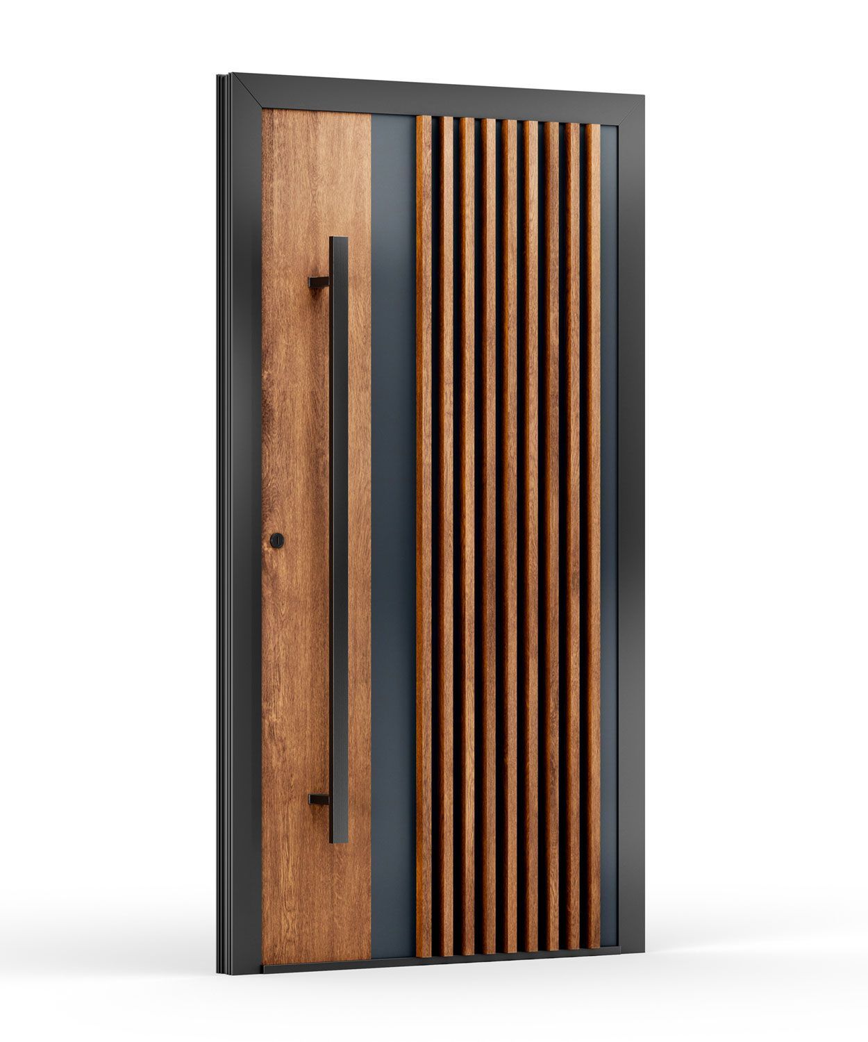 Moderne Holztür mit schwarzem Metallrahmen und -griff.