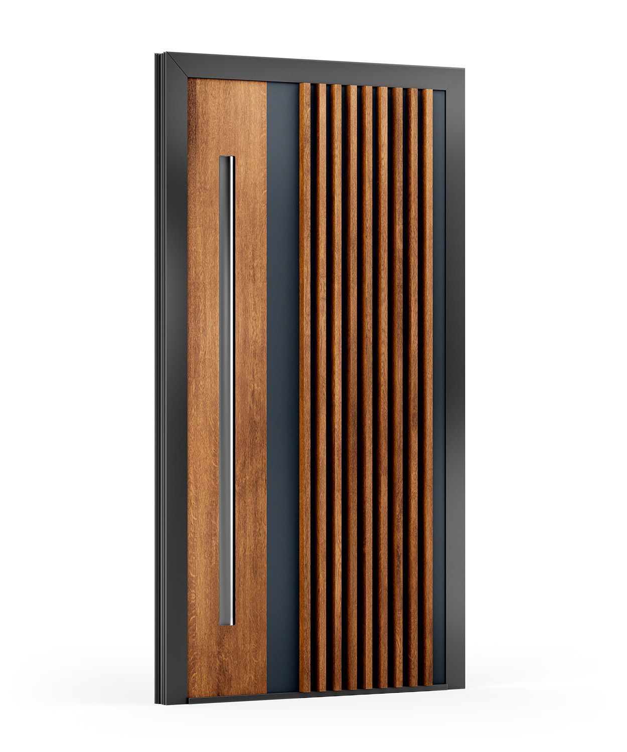Moderne Haustür mit strukturierten Holzpaneelen und einem vertikalen Griff.