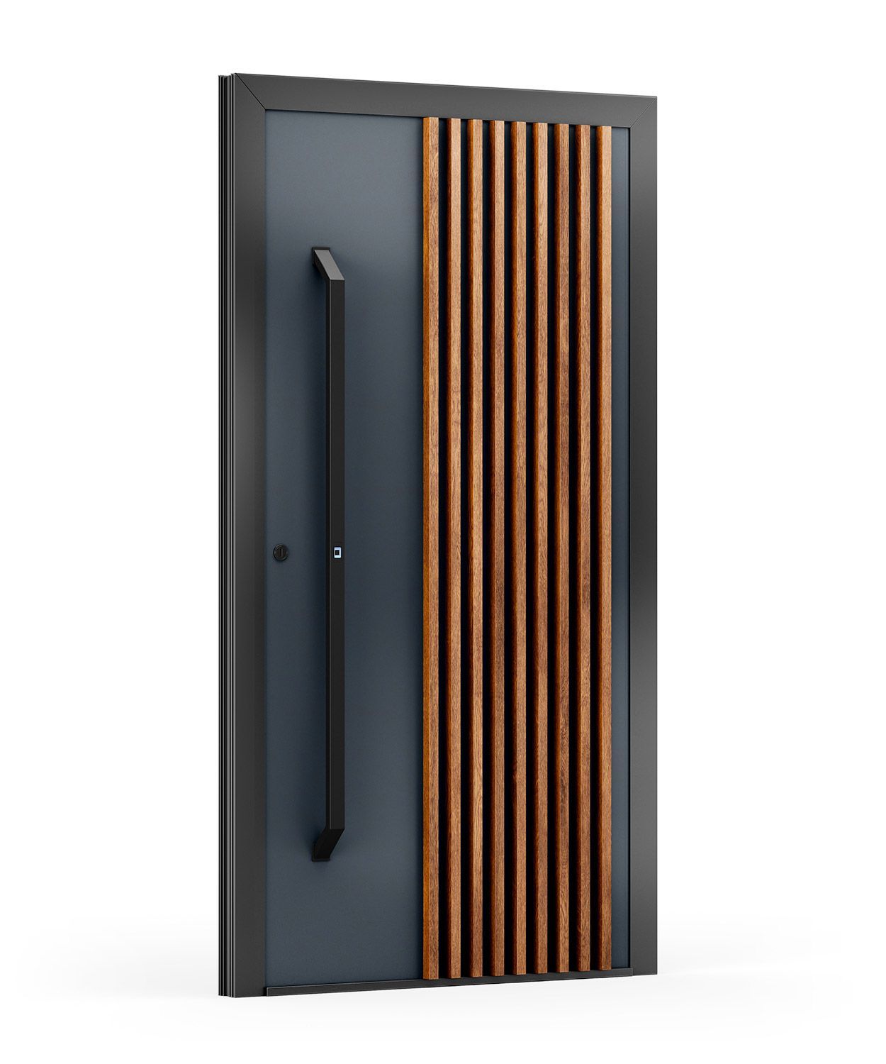 Moderne Haustür mit dunkelblauem Paneel, Holzlamellendetail und schwarzem Griff.