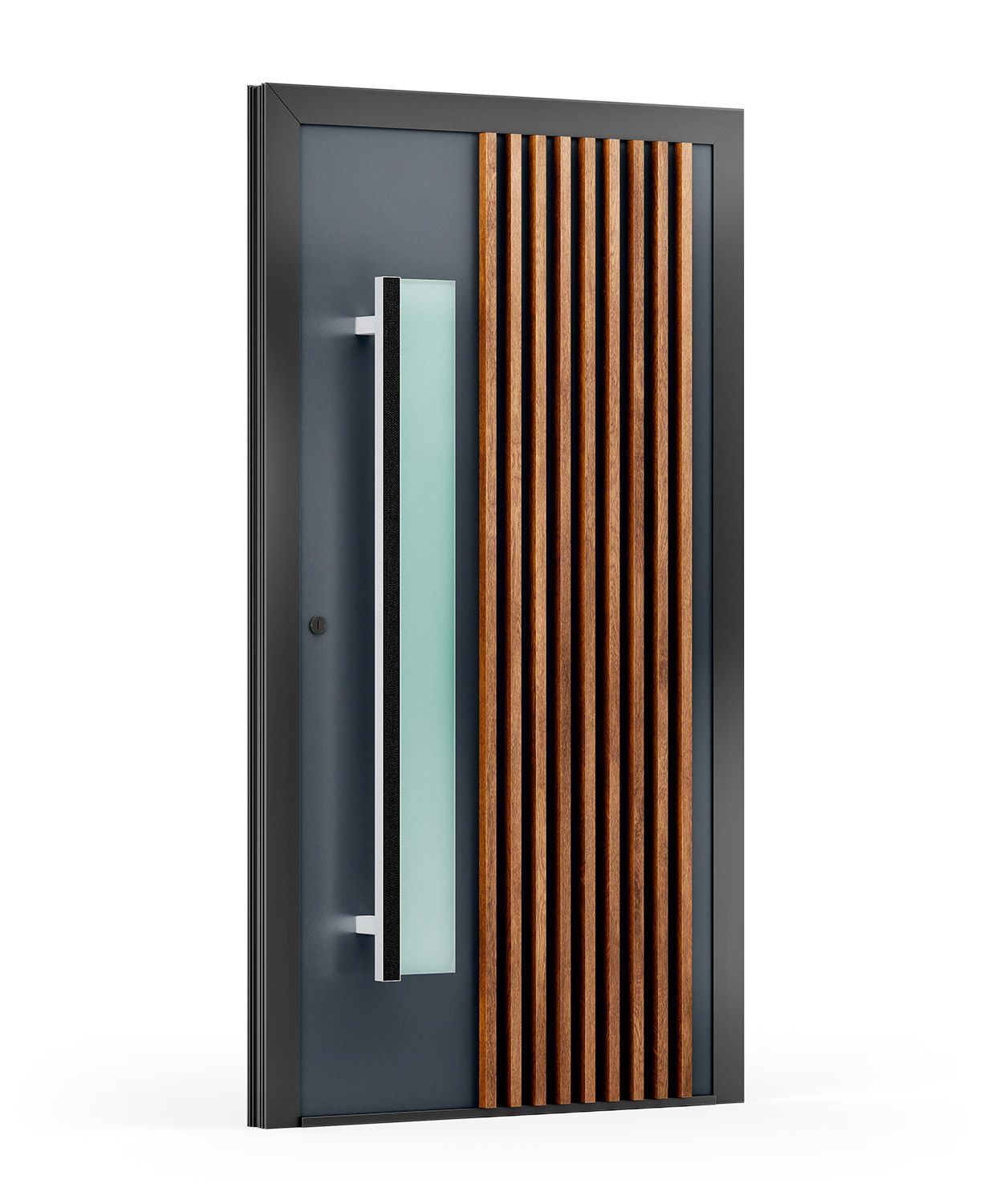 Moderne graue Haustür mit vertikaler Holzverkleidung und langem Glasgriff.