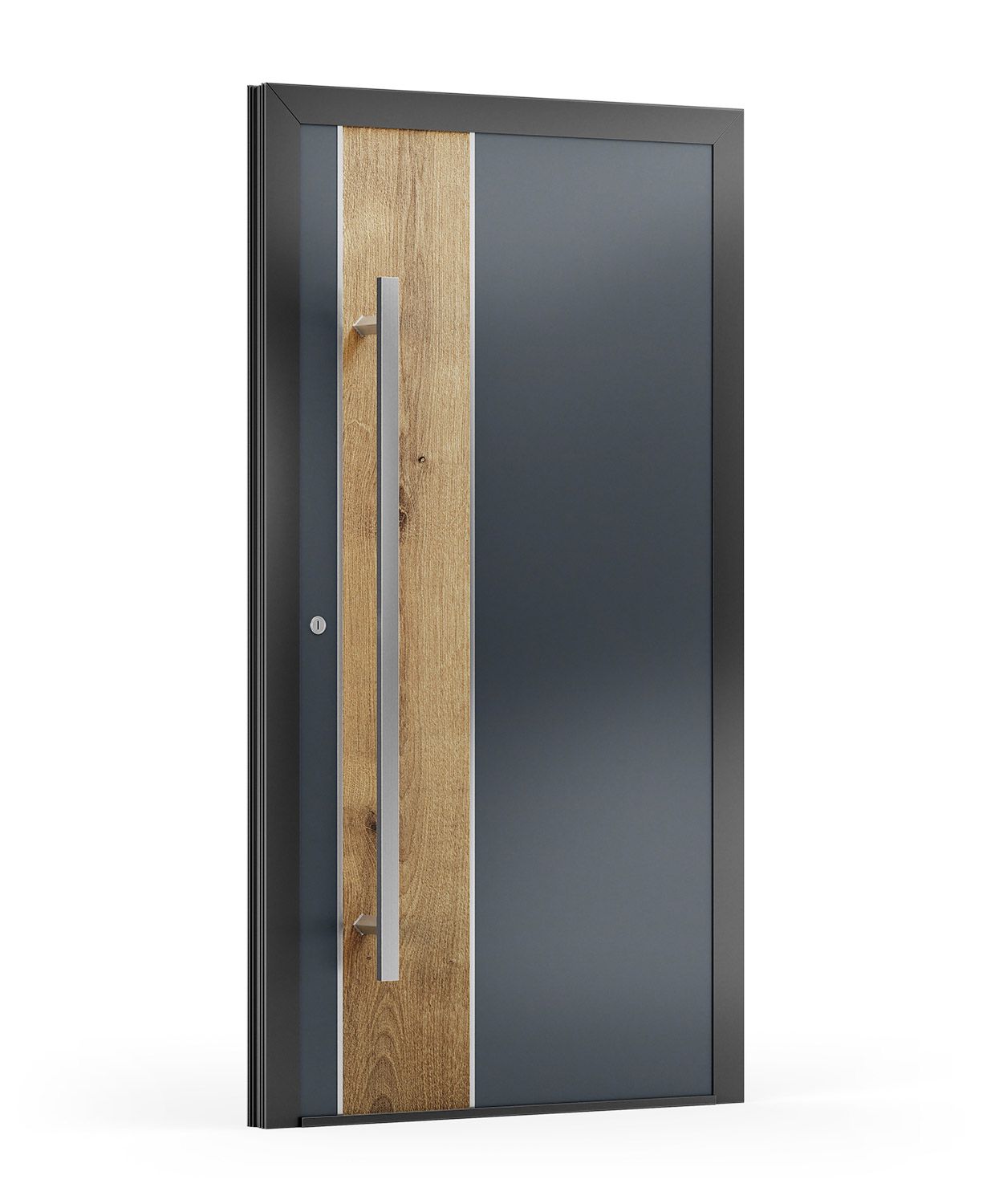 Moderne Haustür mit grauem Paneel, Holzakzent und silbernem Griff.