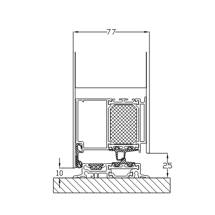 Querschnitt eines Fensterrahmens mit Abmessungen, der einen auf einer Oberfläche ruhenden Bildschirm und einen Schiebemechanismus zeigt.