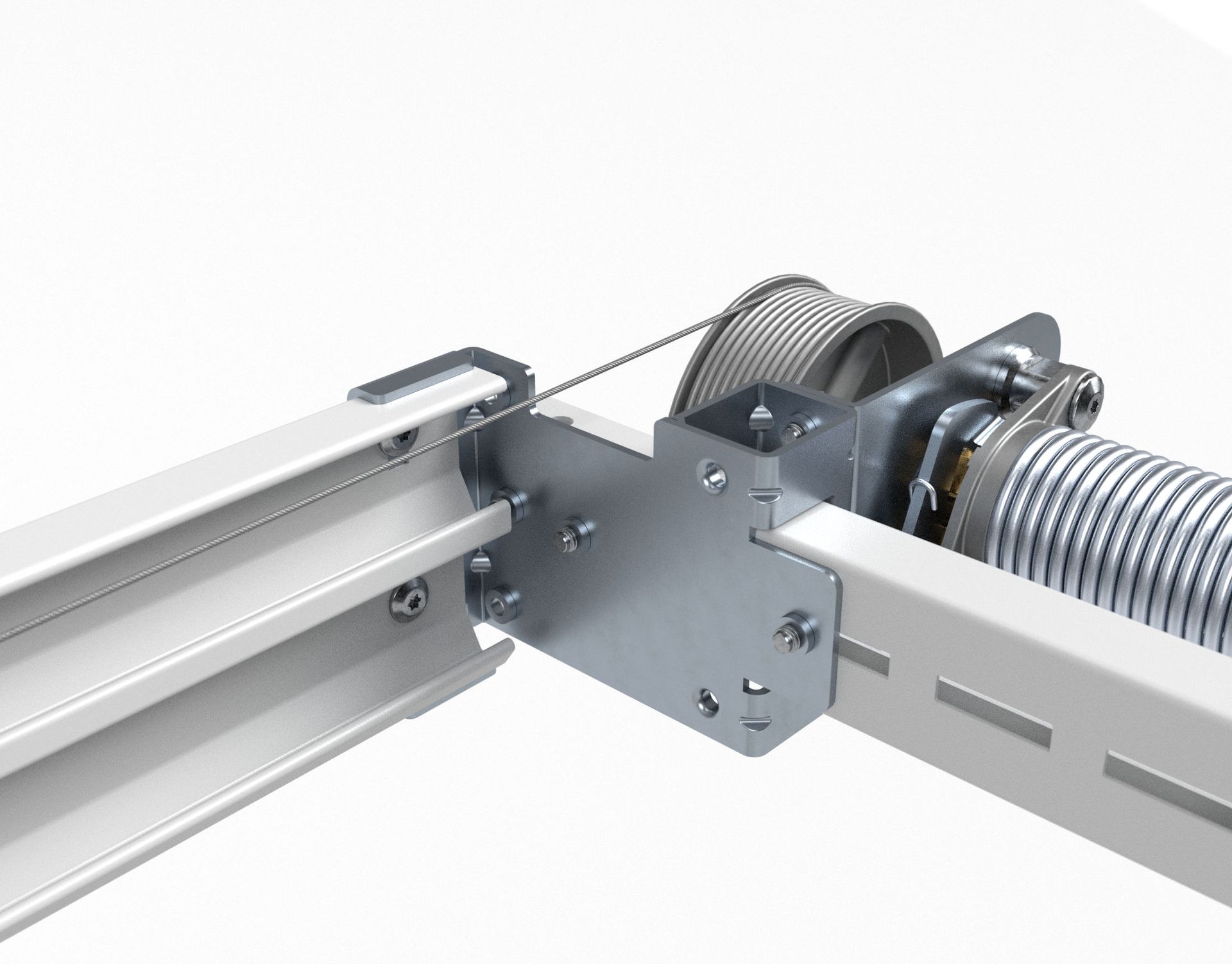 Rollladenmechanismus mit Metallkomponenten und Feder, montiert auf weißen Schienen.