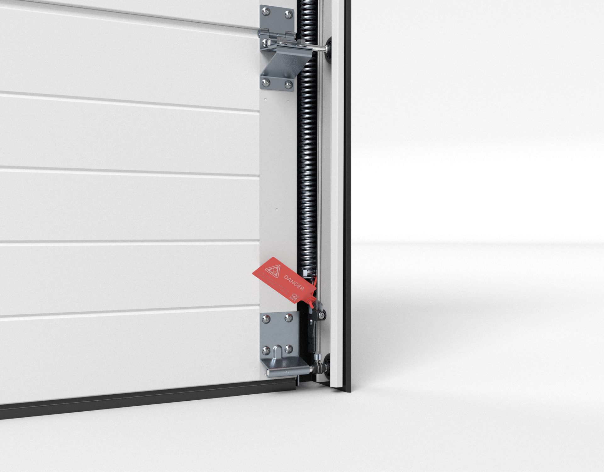 Garagentormechanismus mit Feder und Sicherheitsetikett.