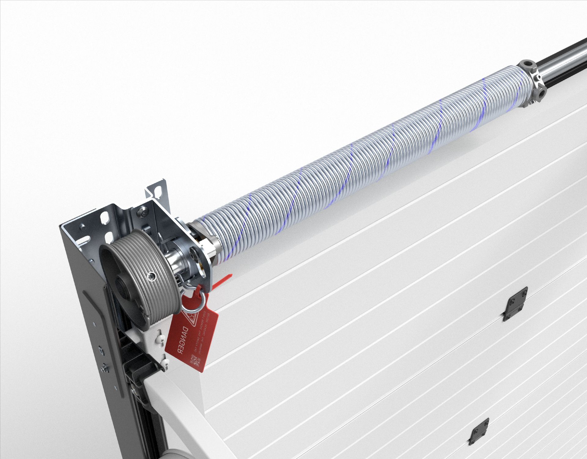 Torsionsfederbaugruppe für Garagentore mit rotem Etikett.