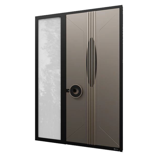 Moderne Doppeltür mit dekorativem Design, schwarzem Rahmen und seitlicher Glasscheibe.