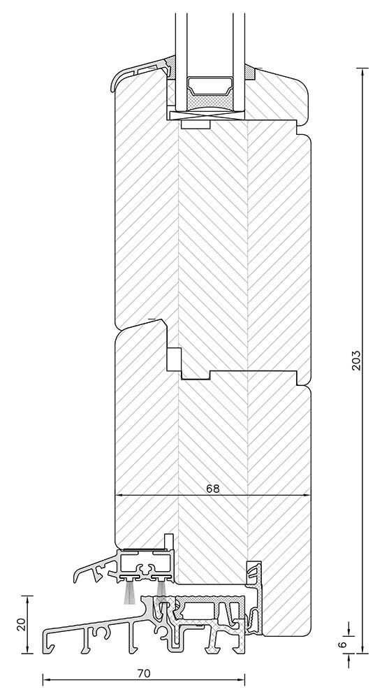 Querschnittszeichnung eines Fensterrahmens mit Abmessungen und Schichtaufbau.