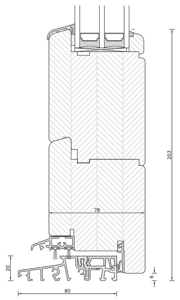 Querschnitt eines Fensterrahmens mit Schichtaufbau und Abmessungen in Millimetern.