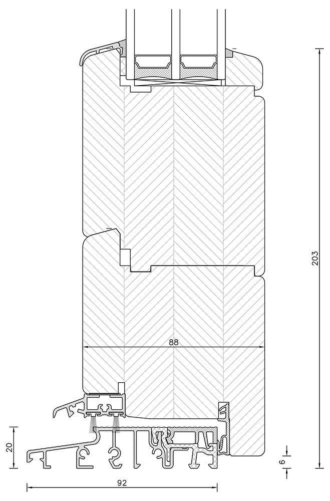 Querschnittsdiagramm eines Fensterrahmens mit Konstruktionsdetails und Abmessungen.
