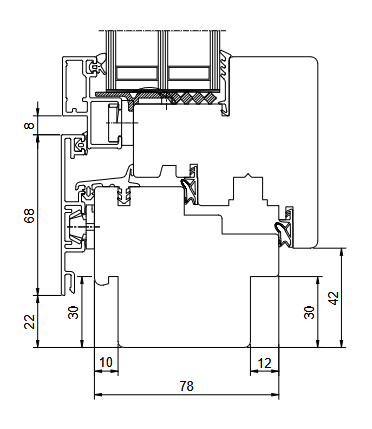 Querschnittsdiagramm eines Fensterrahmens mit Angabe der Abmessungen in Millimetern.