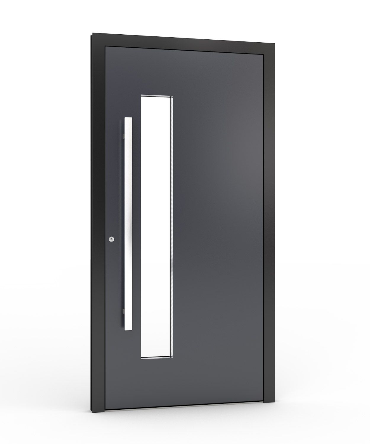 Dunkelgraue Eingangstür mit vertikalem Fenster und Griff.