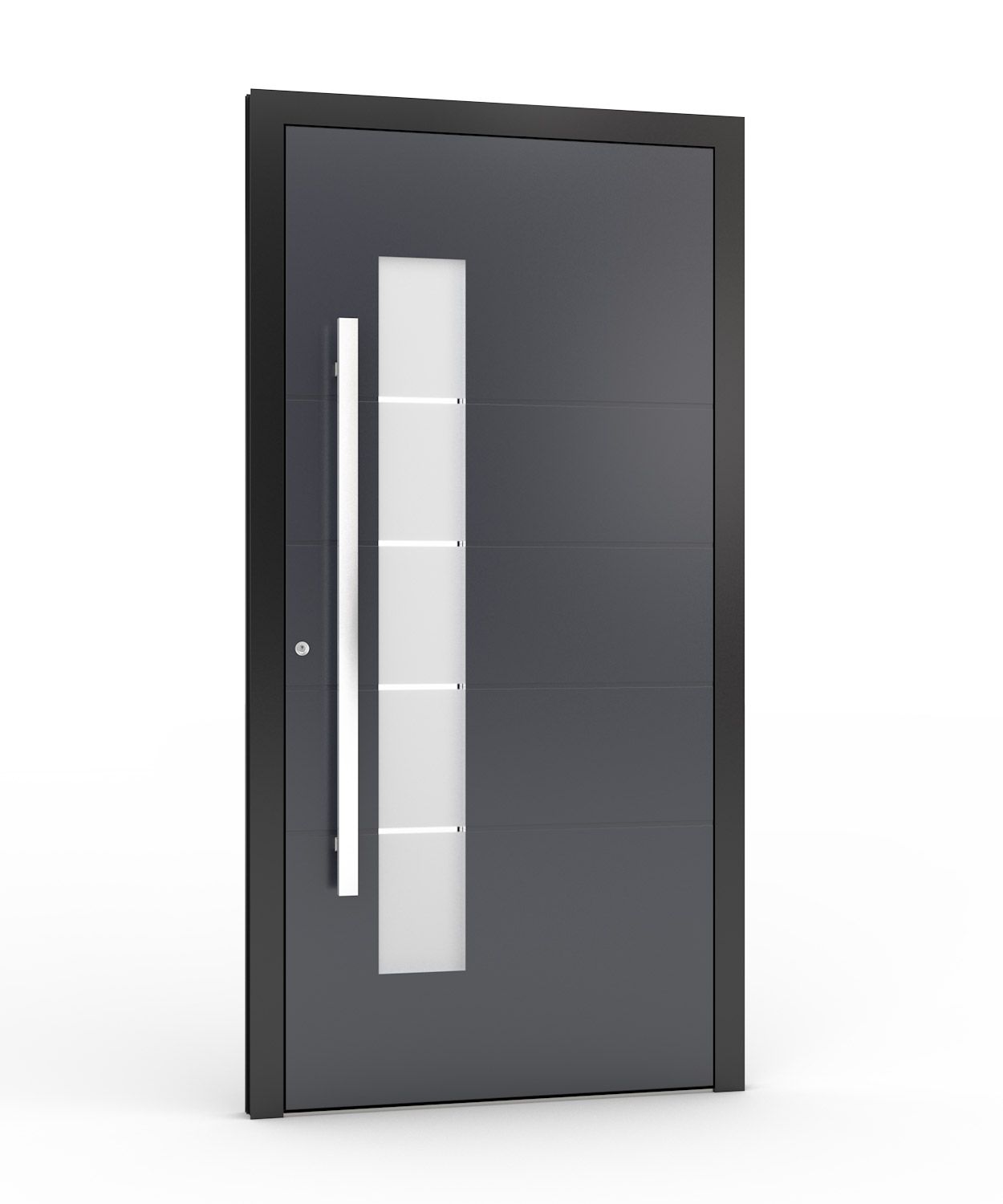 Moderne graue Haustür mit langem, silbernem Griff und vertikalen Milchglasfenstern.