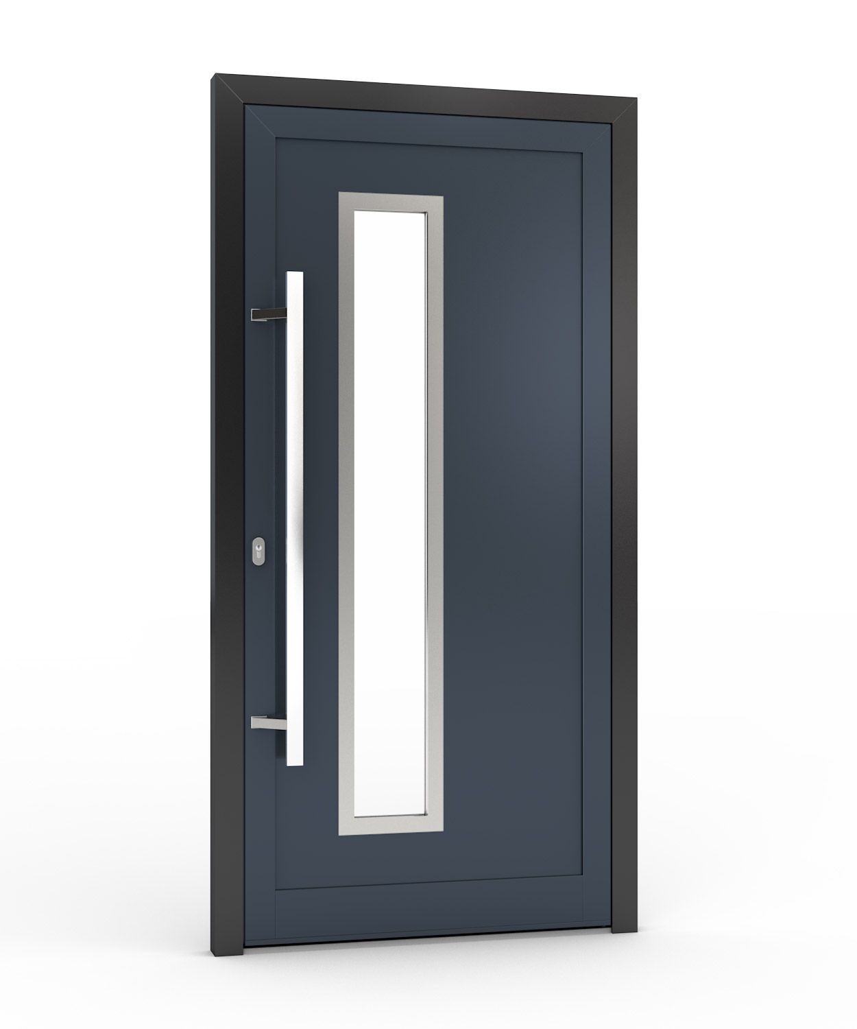 Dunkelblaue Haustür mit langem vertikalen Fenster, silbernem Griff und schwarzem Rahmen.