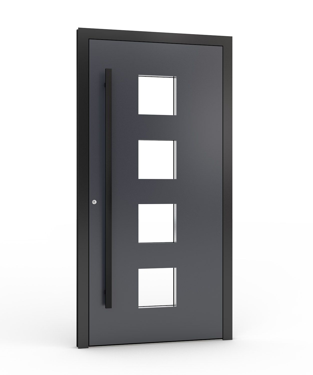 Dunkelgraue Haustür mit vier quadratischen Fenstern und einem langen, schwarzen Griff.