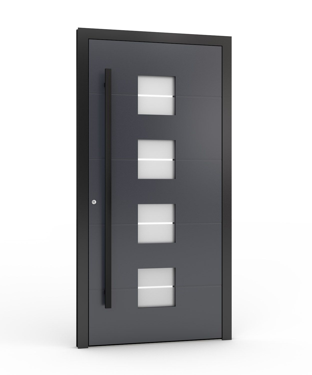 Dunkelgraue moderne Tür mit vier Quadraten aus Milchglas, schwarzem Griff und Rahmen.