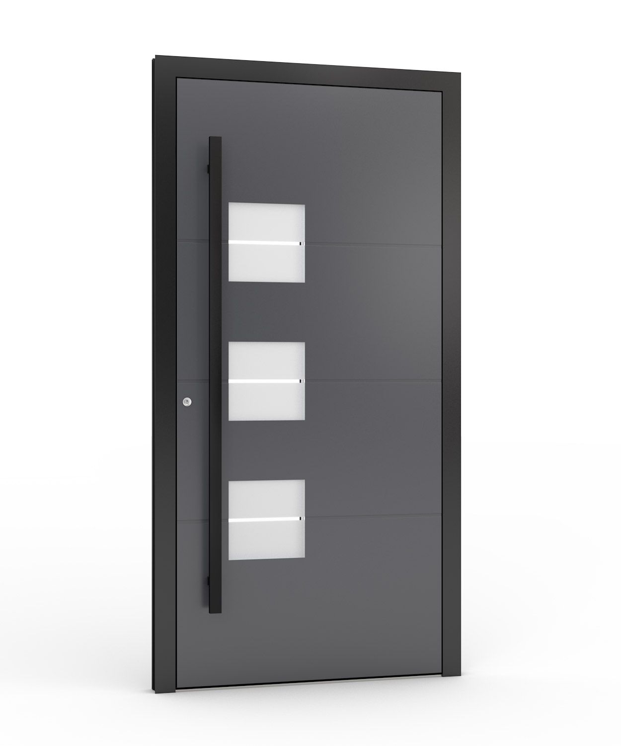 Moderne graue Haustür mit drei quadratischen Fenstern und einem langen schwarzen Griff.