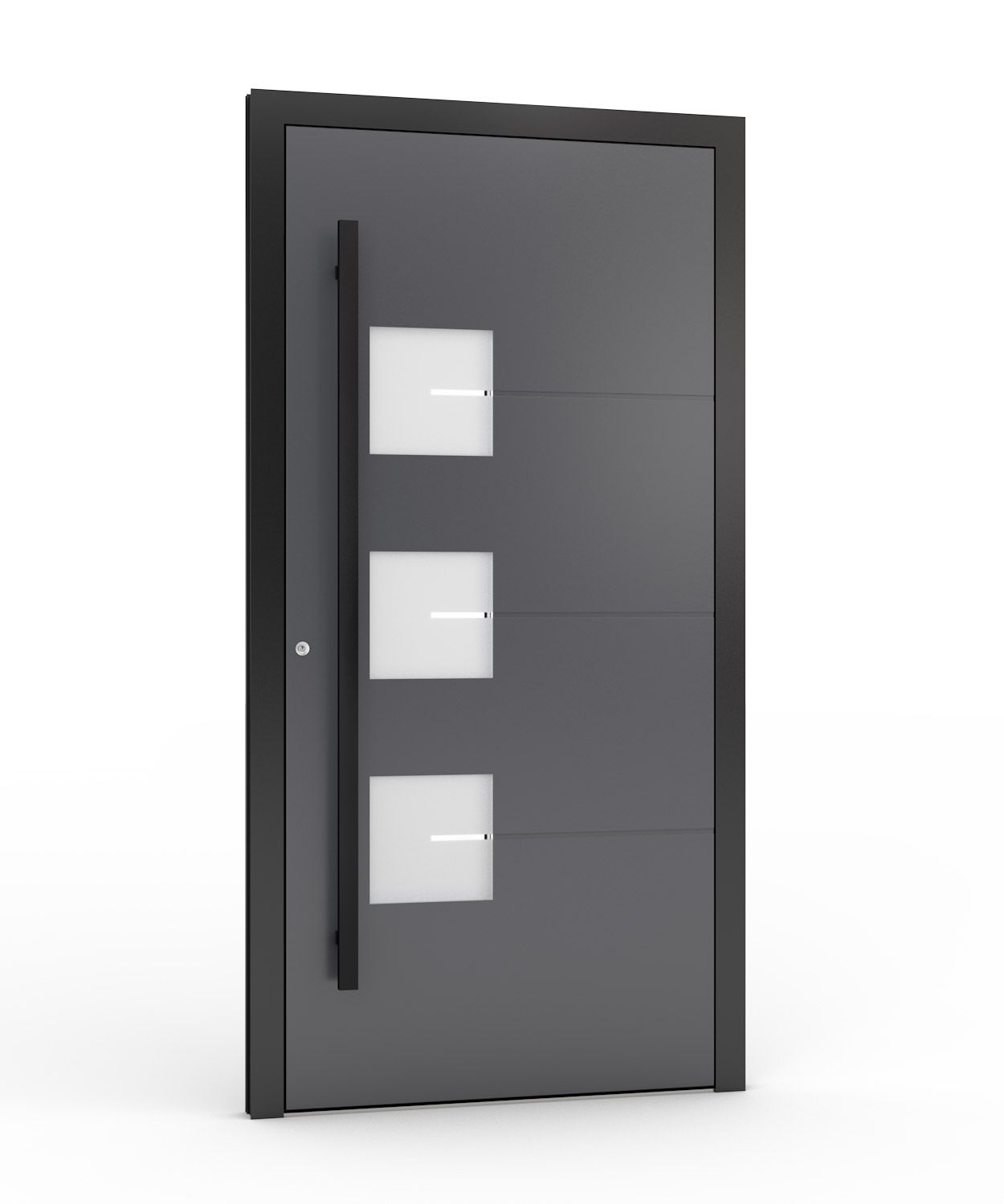 Dunkelgraue, moderne Haustür mit drei quadratischen Milchglasplatten und einem langen vertikalen Griff.