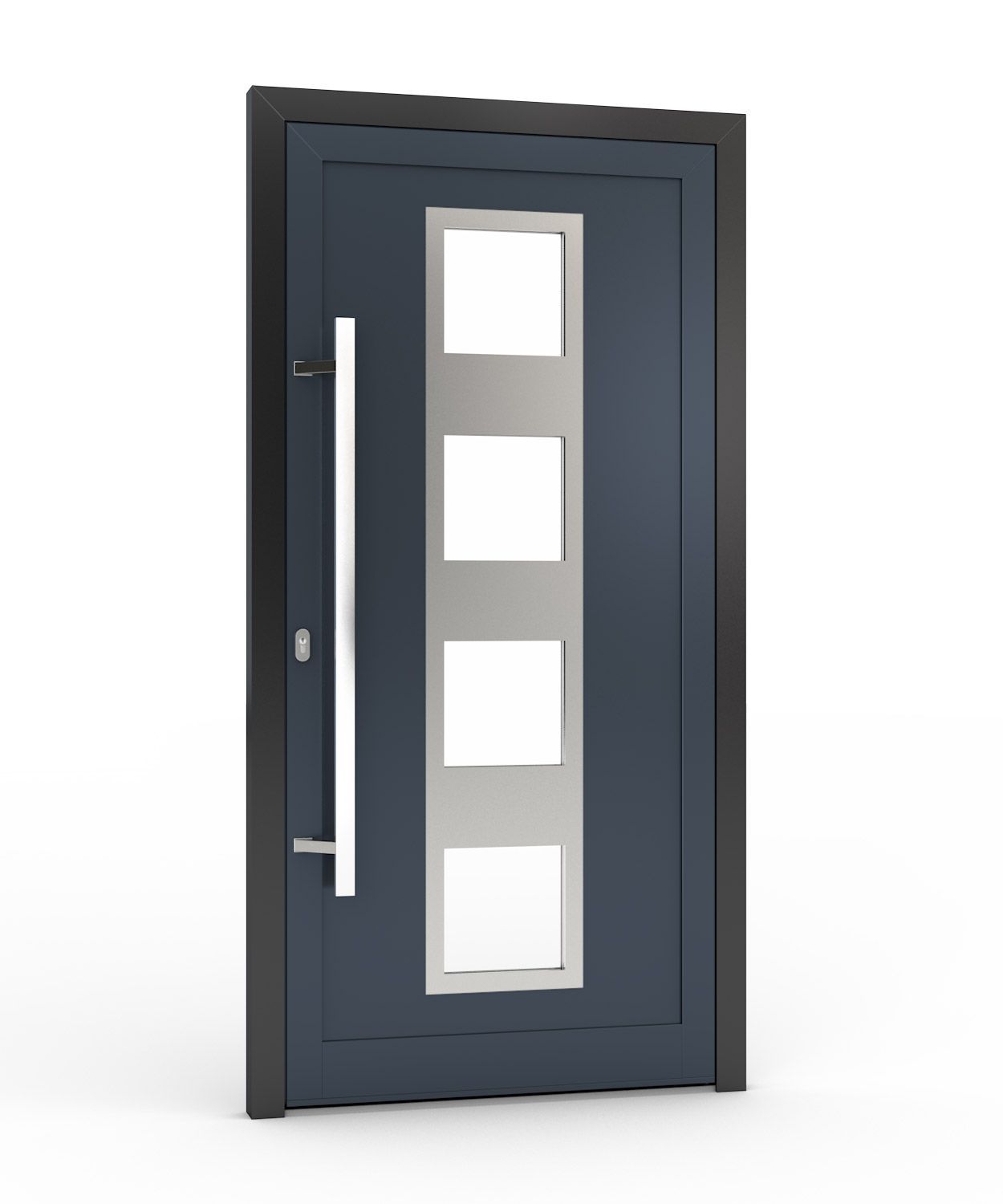 Dunkelblaue moderne Haustür mit vier Glaspaneelen und einem langen silbernen Griff.