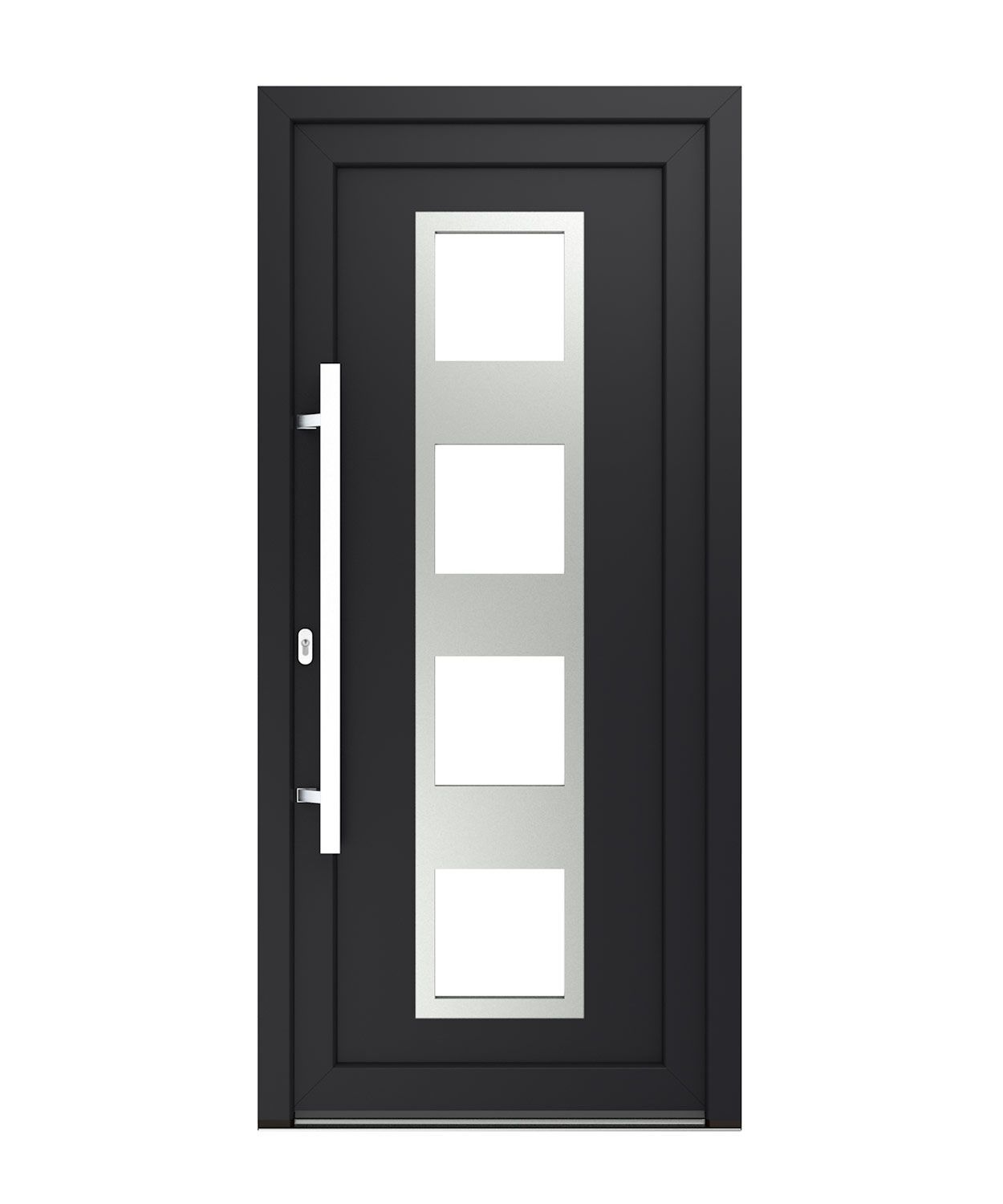Schwarze Haustür mit vier quadratischen Glasplatten und einem silbernen Griff.