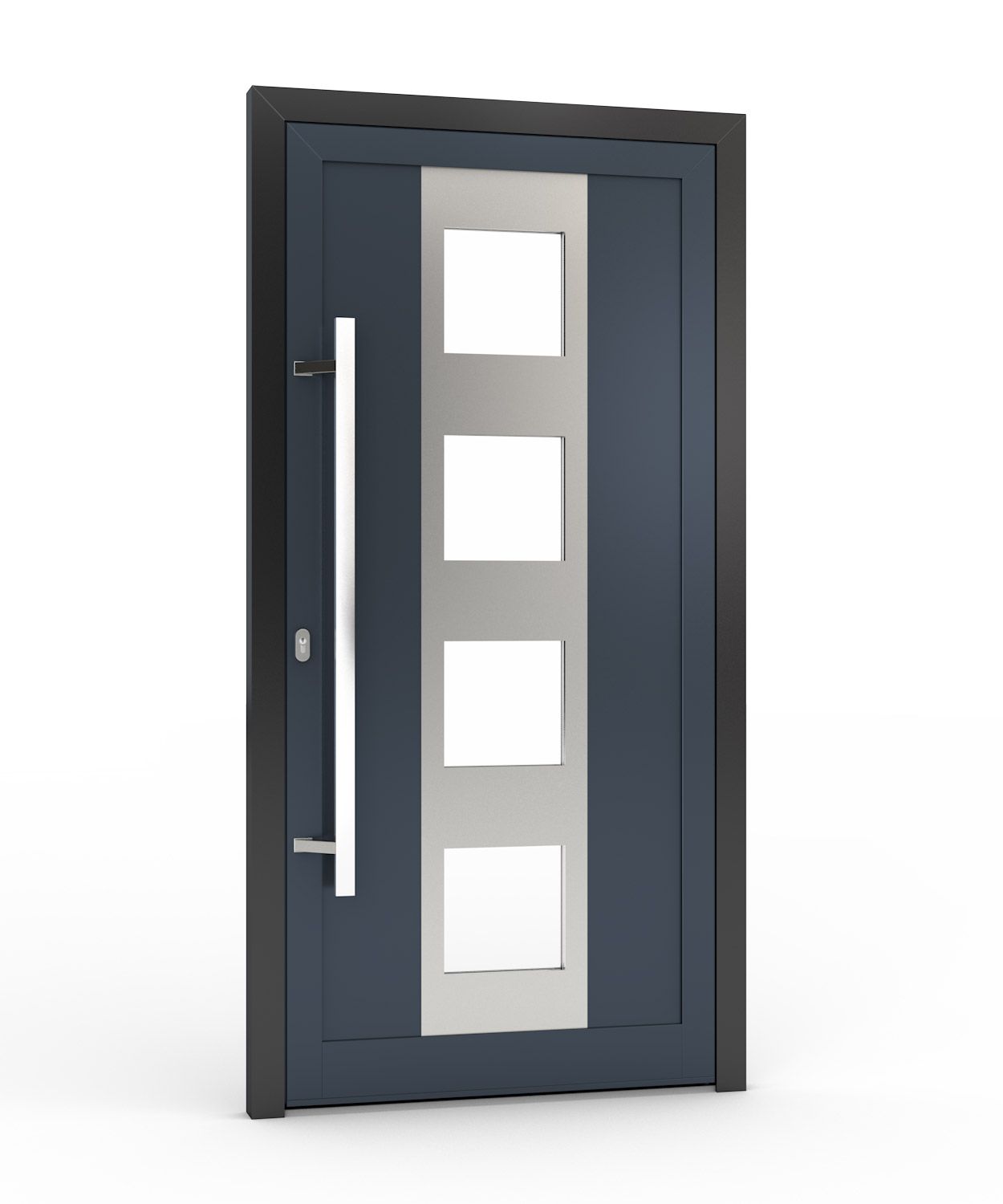Dunkelblaue Haustür mit vier quadratischen Fenstern, silbernem Griff und Rahmen.