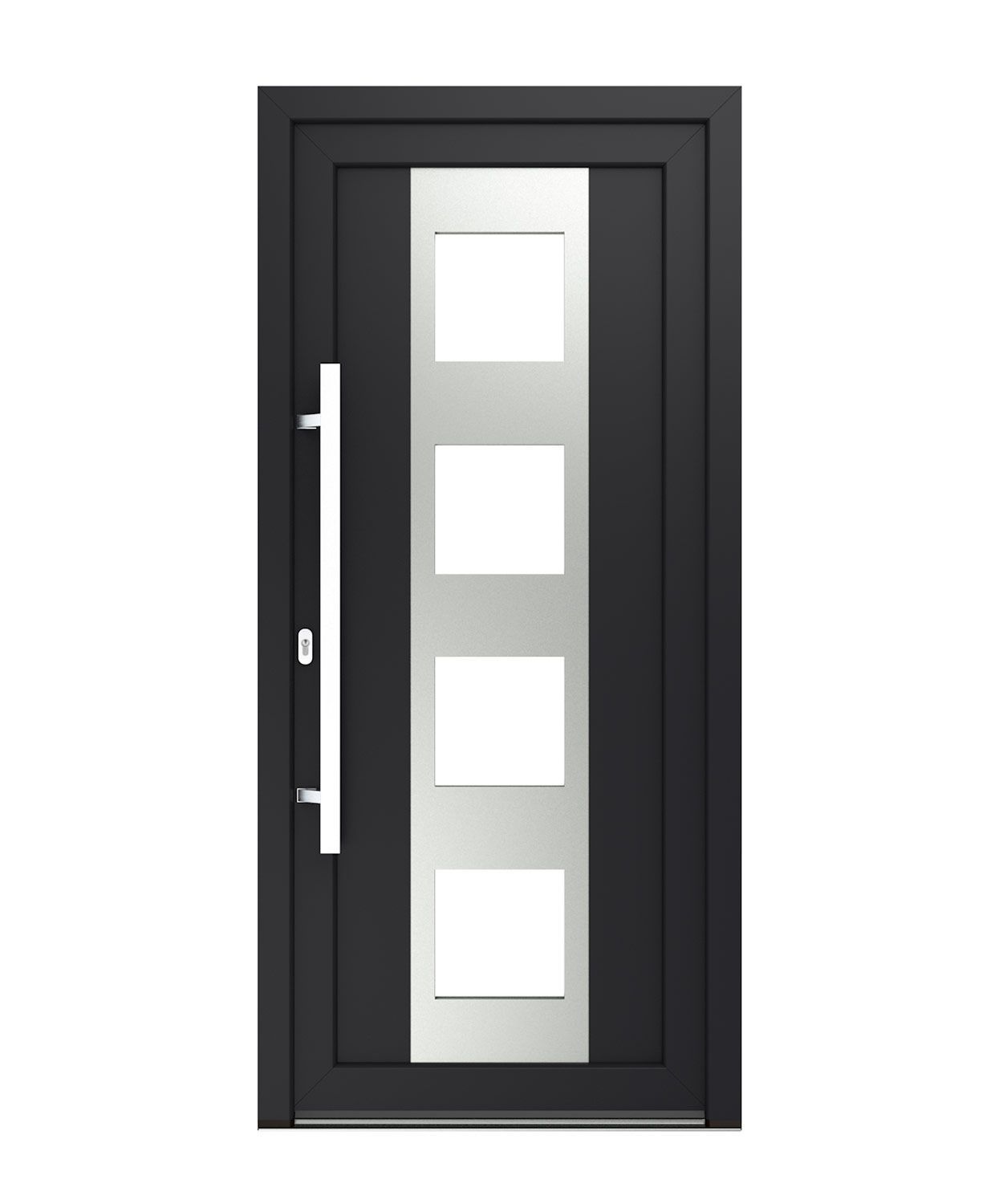Schwarze Haustür mit vier quadratischen Glasplatten und einem langen silbernen Griff.