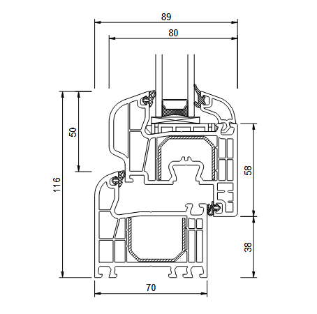 Querschnittsdiagramm eines Fensterrahmens mit beschrifteten Abmessungen, einschließlich Breiten- und Höhenangaben.