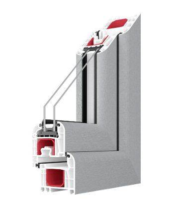Querschnittsansicht eines grau-weißen Doppelglasfensterrahmens mit Innenstruktur und roter Isolierung.