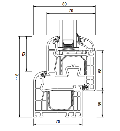 Querschnittsdiagramm eines Fensterrahmens mit beschrifteten Abmessungen in Millimetern.