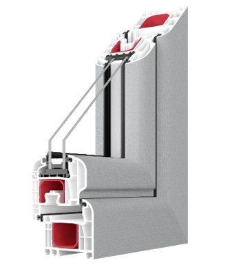 Querschnitt eines grau-weißen Fensterrahmens mit isolierten Scheiben und Innenkomponenten.