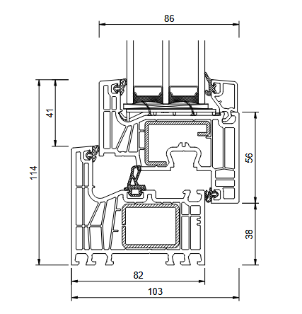 Querschnittsdiagramm eines Fensterrahmens mit beschrifteten Abmessungen in Millimetern.