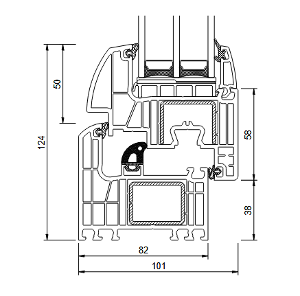 Querschnittsdiagramm eines Fensterrahmens mit beschrifteten Abmessungen in Millimetern, das das Profil und die Maße zeigt.