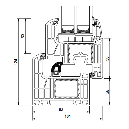 Querschnittsdiagramm eines Fensterrahmens mit den Abmessungen (mm) der Profilstruktur.