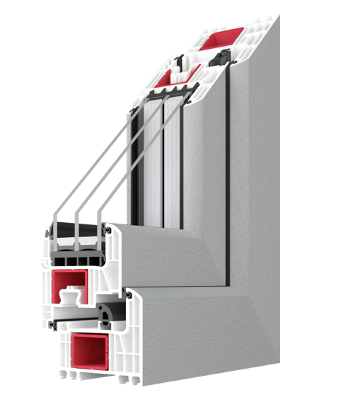 Querschnitt eines modernen Fensterrahmens; grauer Kunststoff, mehrere Glasscheiben, rote und schwarze Isolierung, schräge Perspektive.