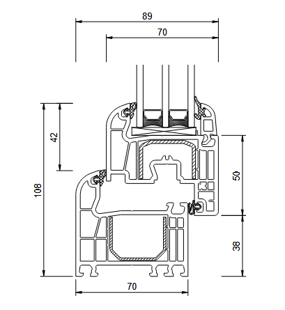 Querschnittsdiagramm eines Fensterrahmens mit beschrifteten Abmessungen (in Millimetern).
