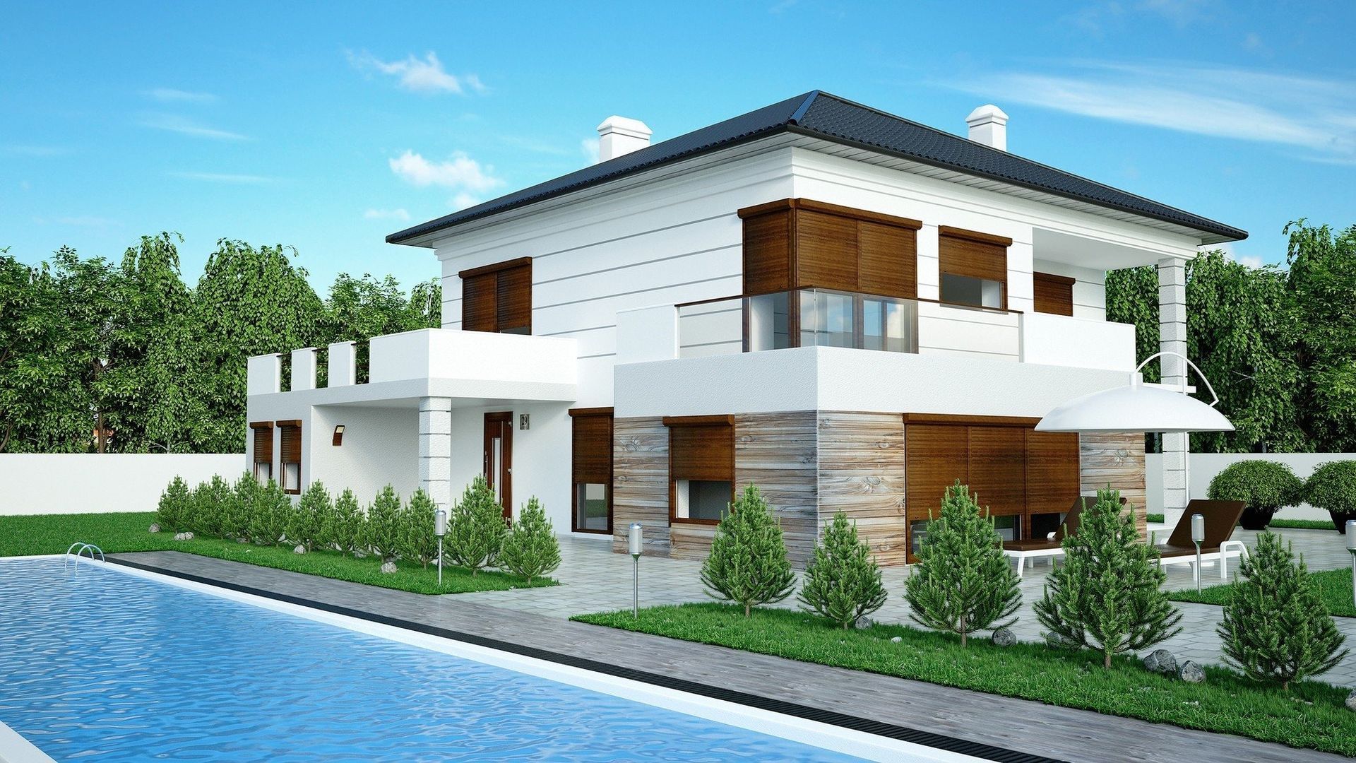 Modernes zweistöckiges Haus mit Pool, weißer Fassade, braunen Akzenten und üppigem Grün unter blauem Himmel.