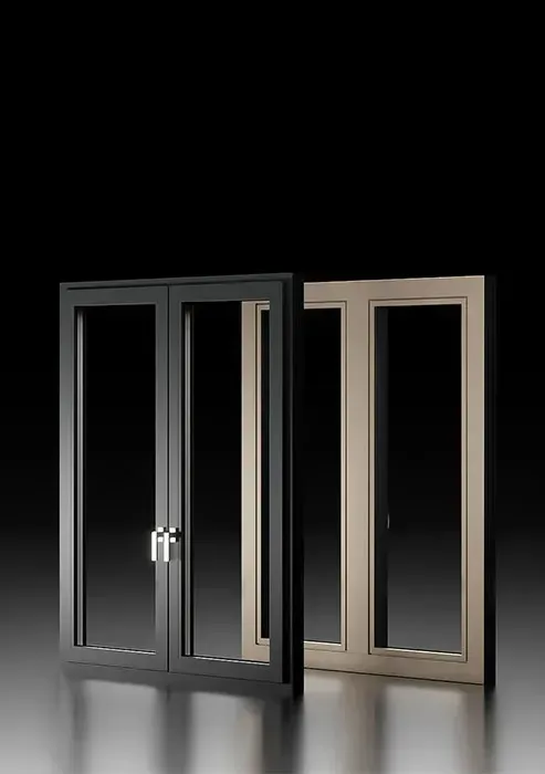 Zwei geschlossene Doppeltürfenster, eines schwarz und eines beige, vor schwarzem Hintergrund.
