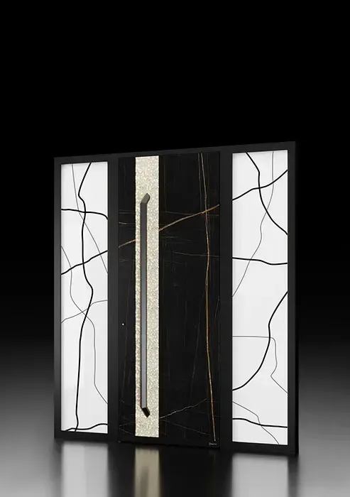 Moderne Tür in Schwarz, Gold und Weiß mit gemustertem Design und dunklem Griff.