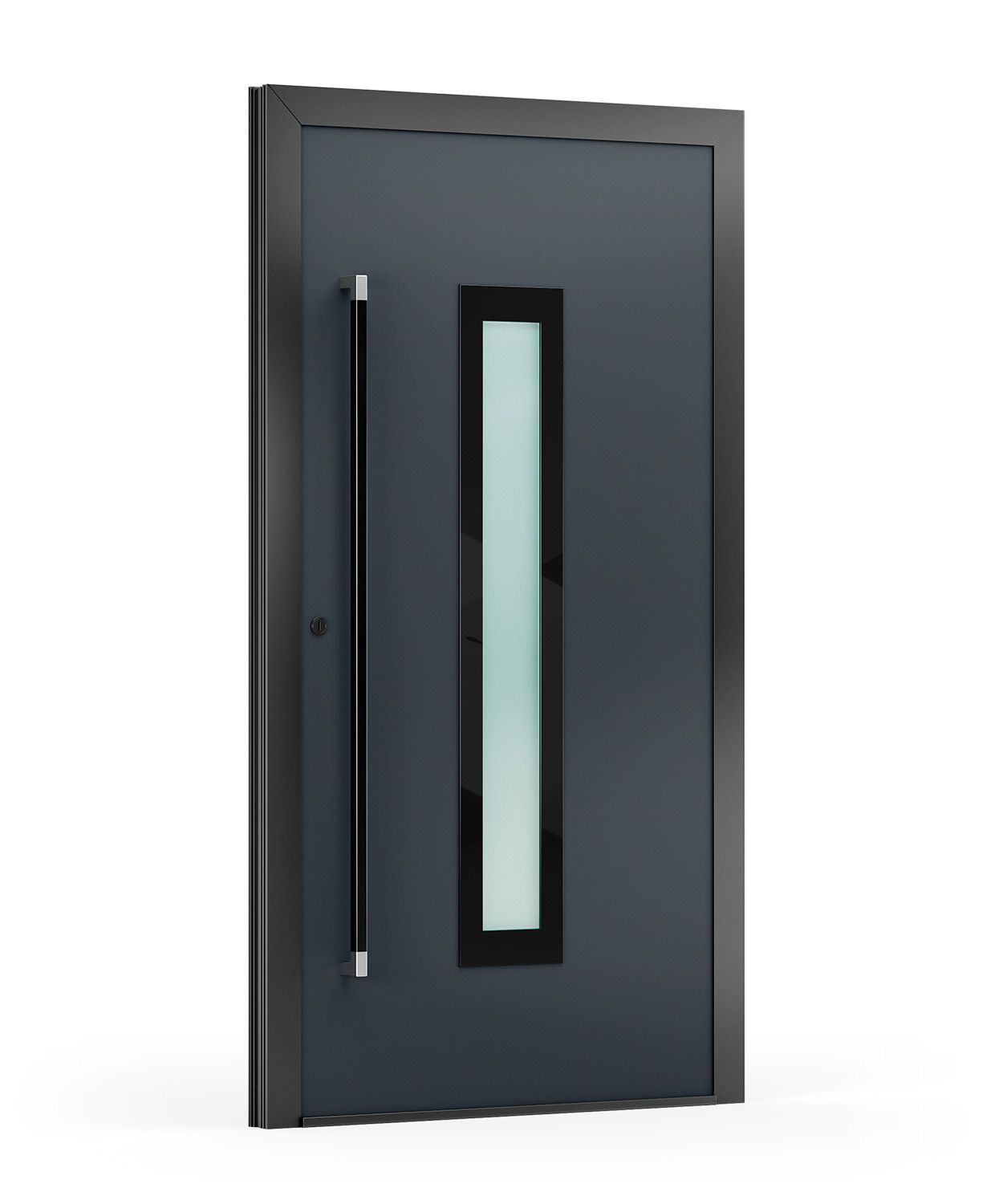 Dunkelgraue, moderne Haustür mit vertikaler Glasplatte und langem Griff.