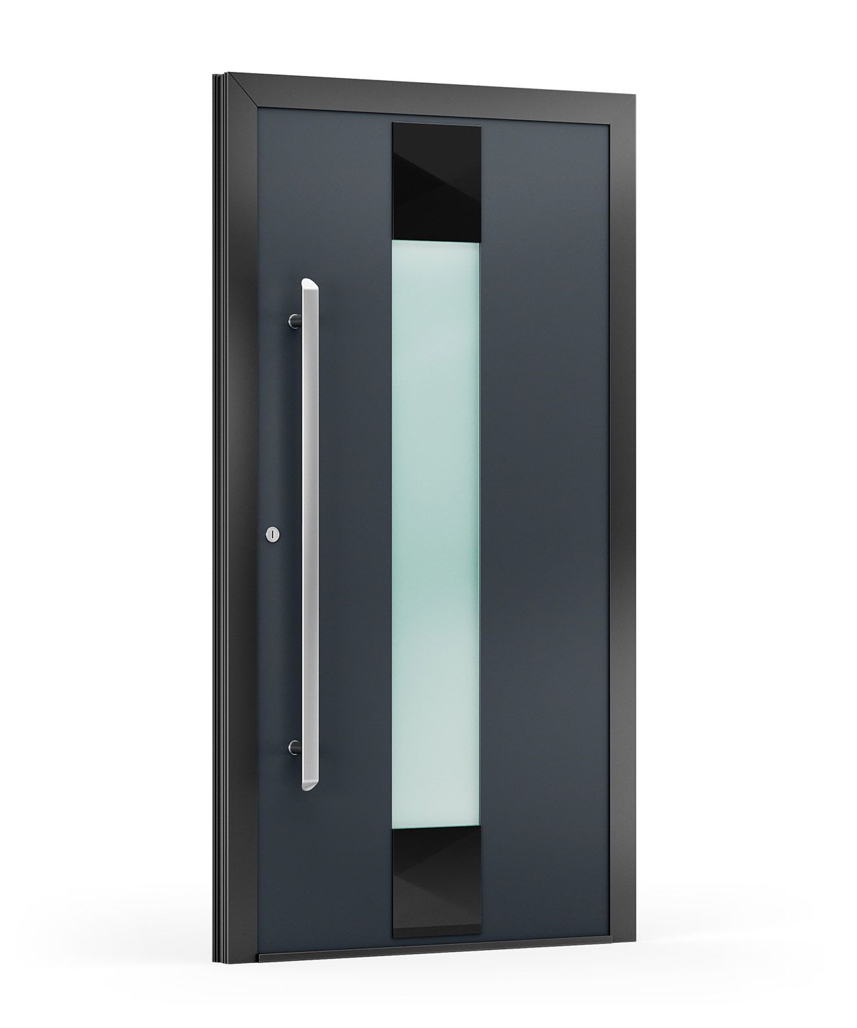 Dunkelgraue, moderne Haustür mit Milchglasscheibe und langem silbernen Griff.