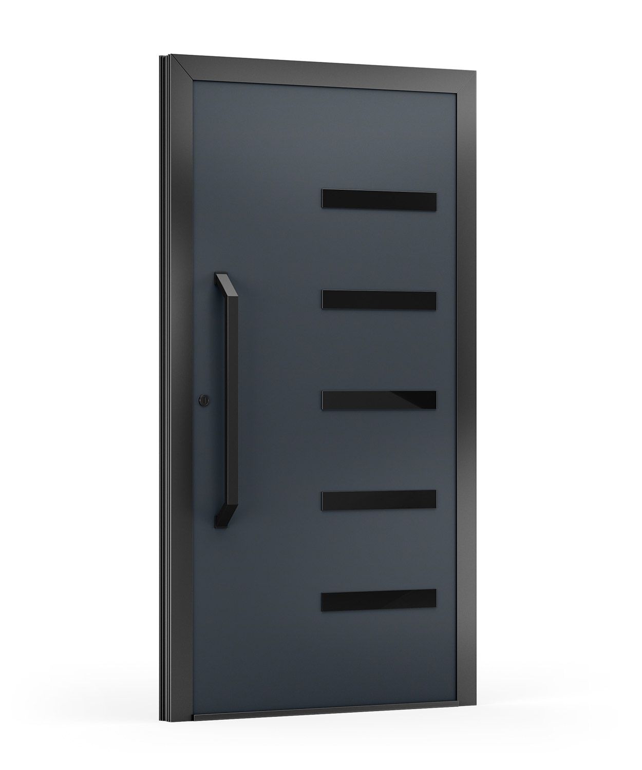 Graue Haustür mit schwarzen Querstäben, schwarzem Rahmen und langem Griff.