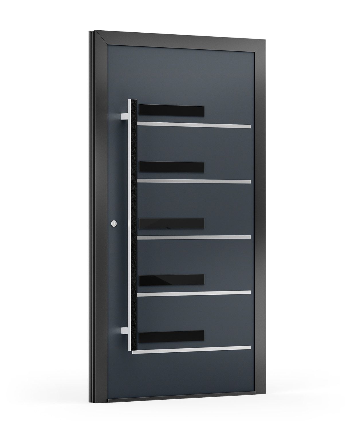 Moderne graue Eingangstür mit horizontalen schwarzen und silbernen Akzenten und einem langen Griff.