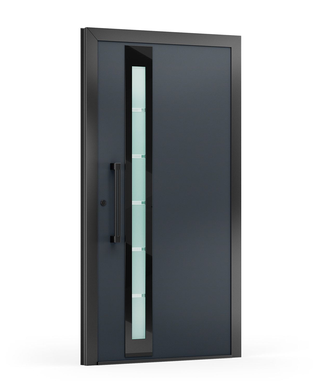 Dunkelgraue, moderne Haustür mit schmalem, vertikalem Fenster, schwarzem Rahmen und Griff.