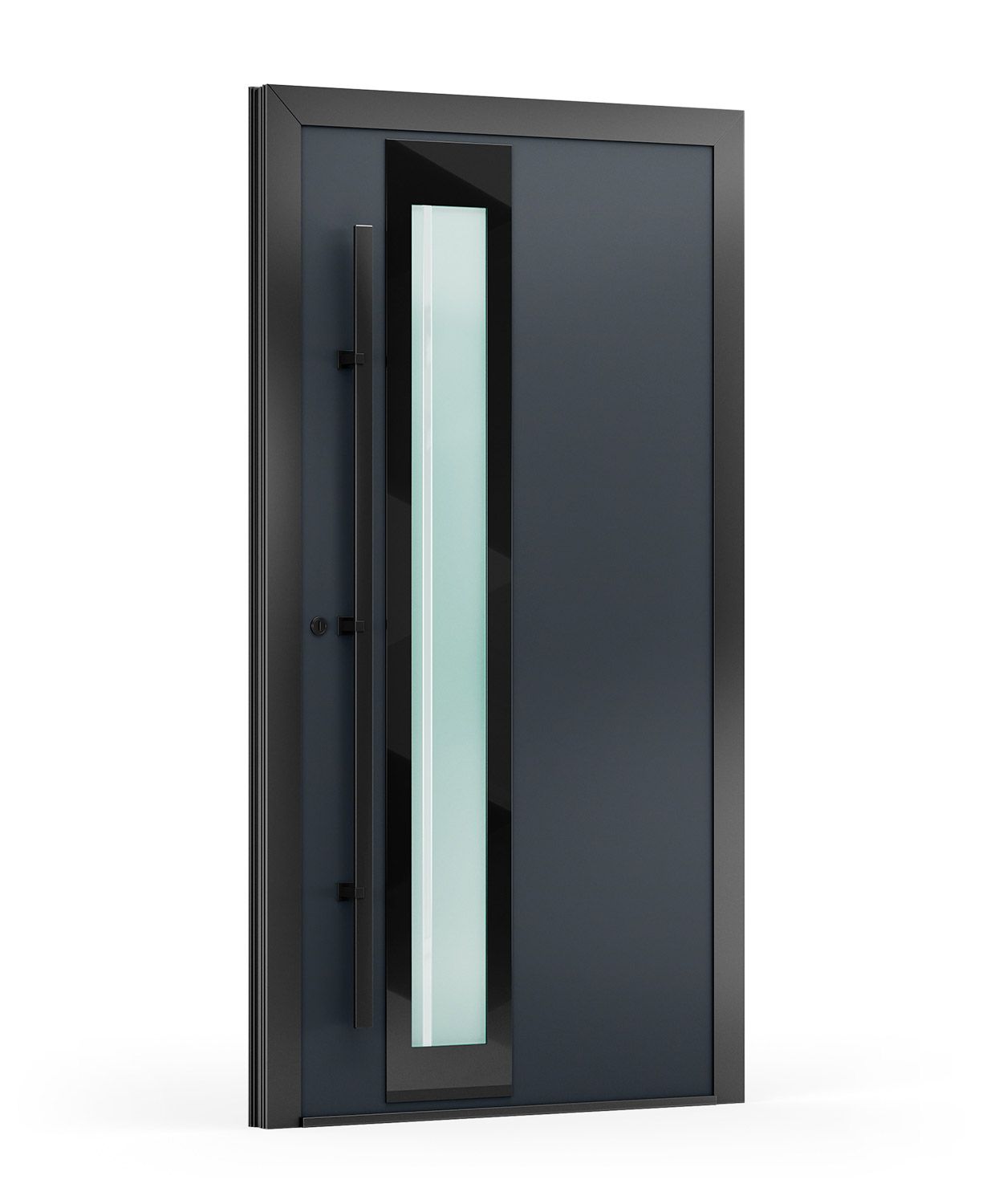 Moderne schwarze Eingangstür mit vertikalem Glaspaneel und langem Griff.