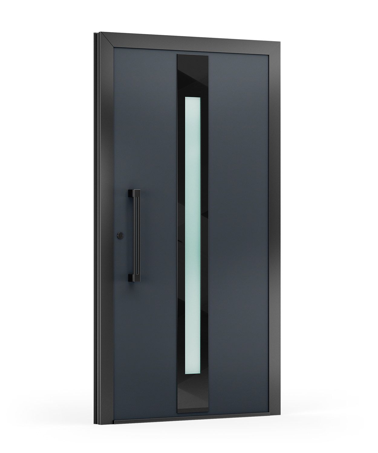 Dunkelgraue moderne Tür mit langem vertikalem Fenster, schwarzem Rahmen und Griff.